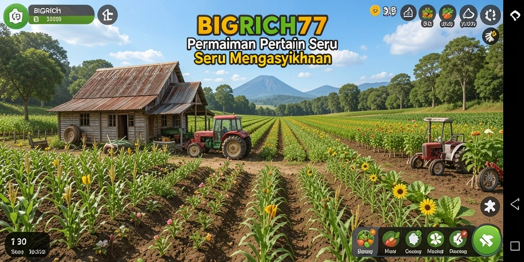 Tampilan gameplay seru dalam BIGRICH77 dengan aktivitas pertanian yang beragam.