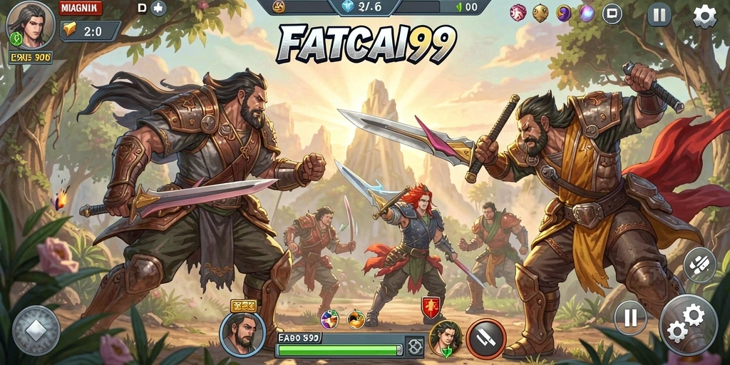 Screenshot utama FATCAI99 menampilkan karakter bertarung dalam arena yang dinamis.