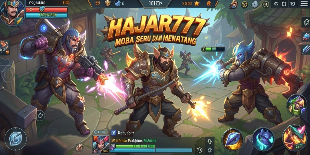 Screenshot gameplay HAJAR777 dengan aksi pertarungan karakter MOBA yang intens.