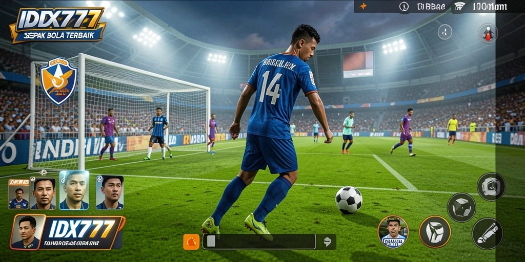 Tampilan gameplay IDX777 dengan aksi menarik di lapangan sepak bola.