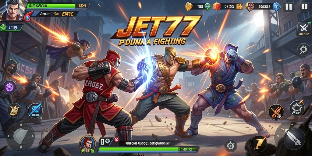 Screenshot gameplay JET77 menampilkan pertarungan seru antara dua karakter.