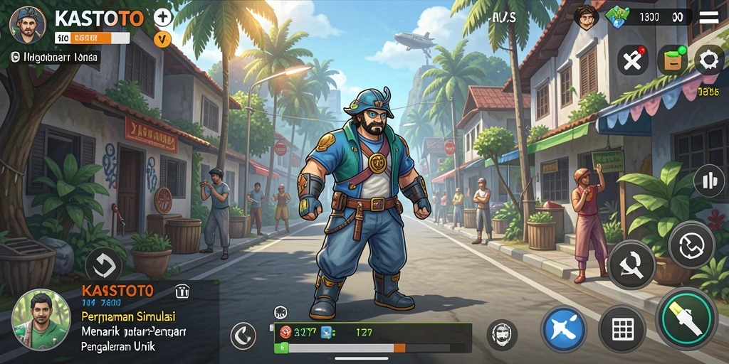 Tampilan gameplay KASTOTO dengan lingkungan simulasi yang realistis.