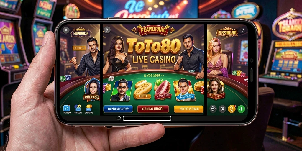 Screenshot game Live Casino TOTO80 dengan dealer dan pemain berinteraksi.