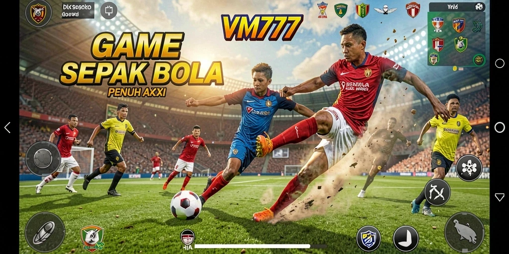 Tampilan gameplay VM777 dengan aksi sepak bola nyata.